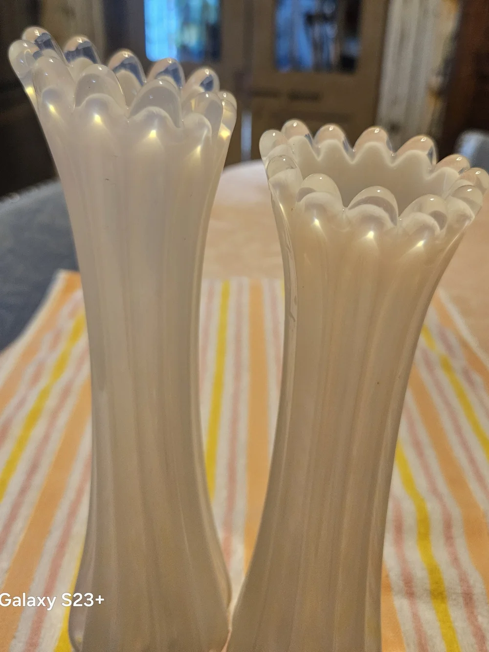Opalescent White Scalloped Bud Vases — Pair